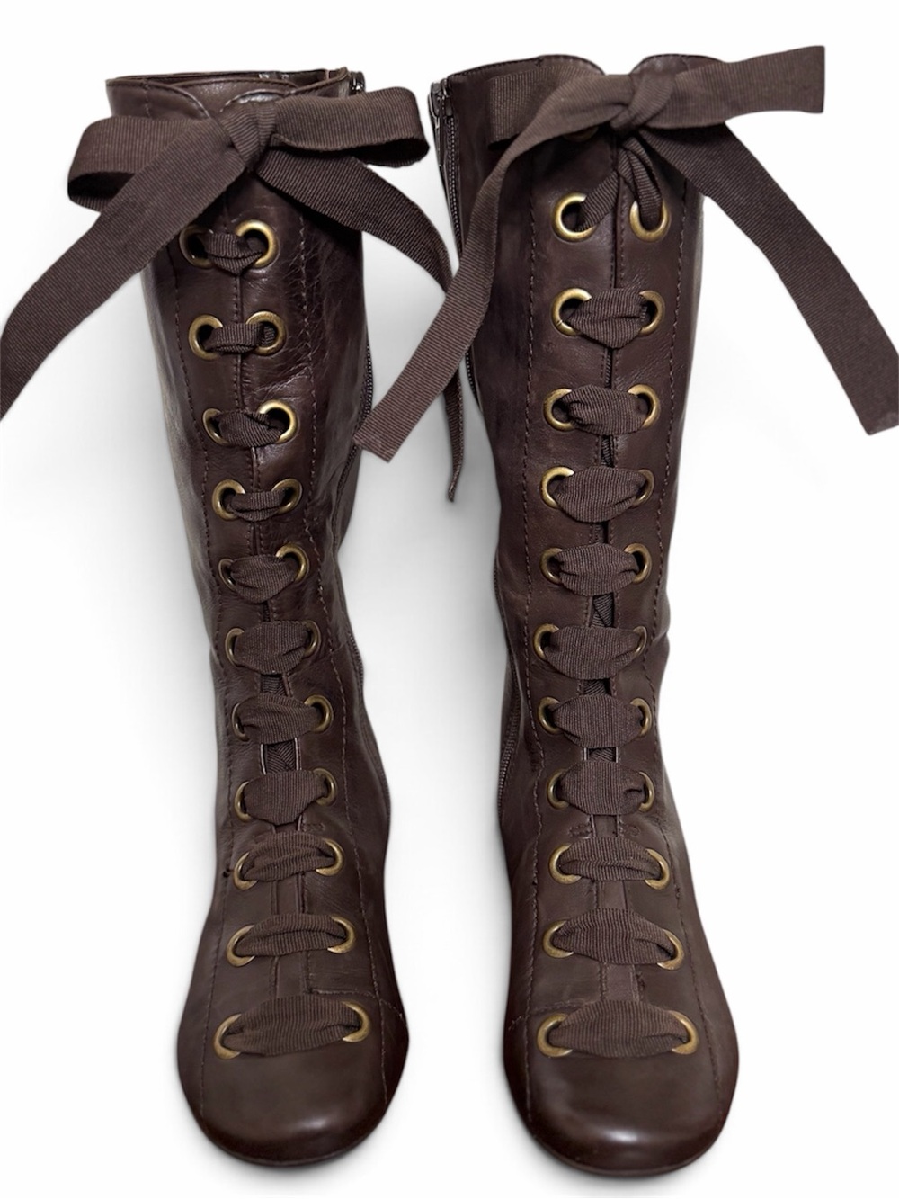 Diba vintage Brown Leather Ribbon Lace Up tall Boots boho brazil size 6M